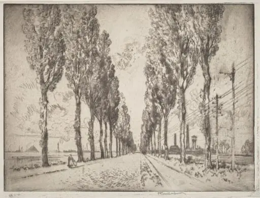 The Avenue, Valenciennes, by Joseph Pennell, ink, 1910
