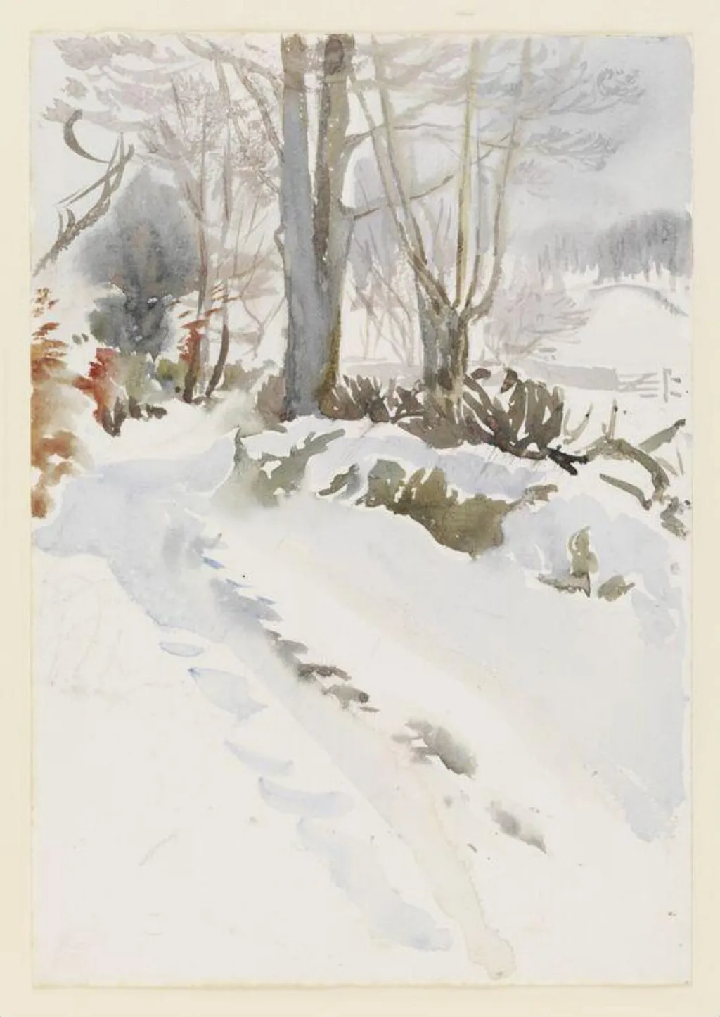 Cart track covered in snow, with fields beyond, by Beatrix Potter, watercolor, 1913