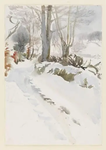 Cart track covered in snow, with fields beyond, by Beatrix Potter, watercolor, 1913