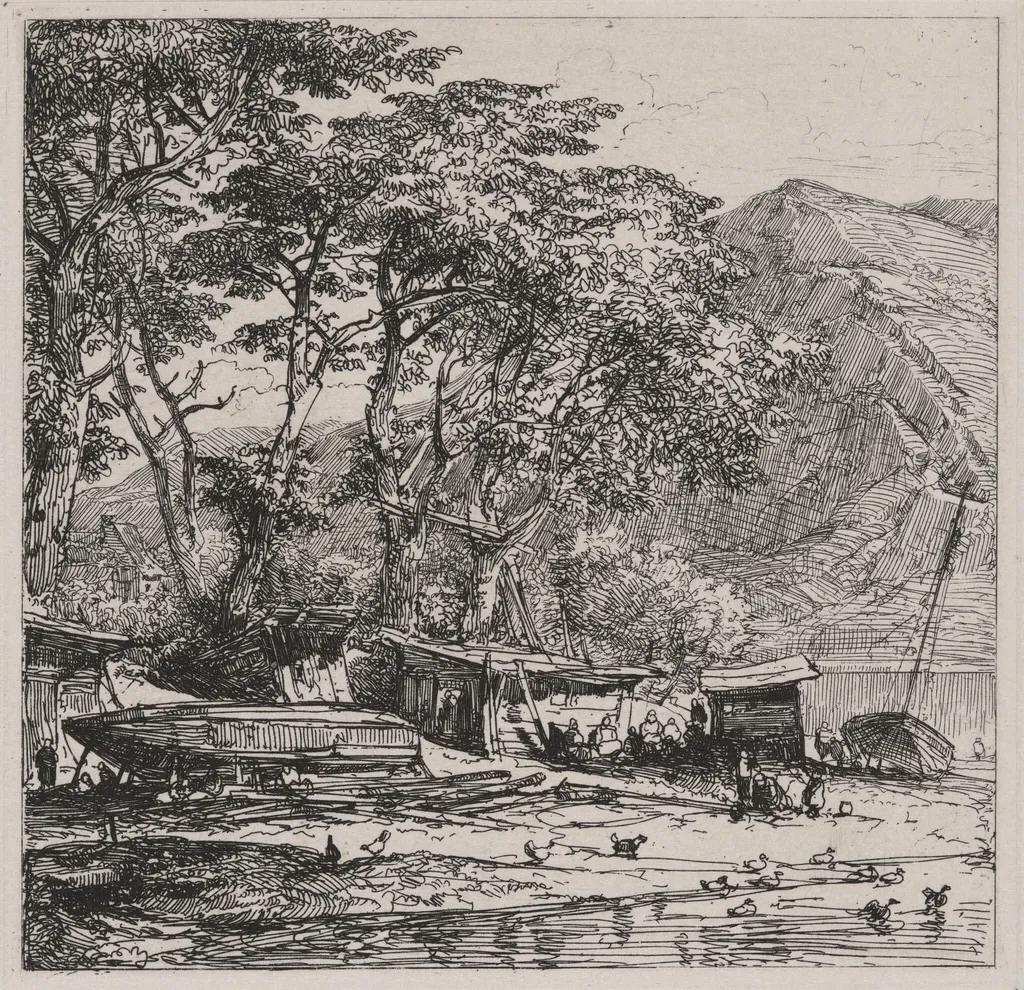 Fishing Village with Boats on the Shore, by Caspar Johann Nepomuk Scheuren, ink, 1842
