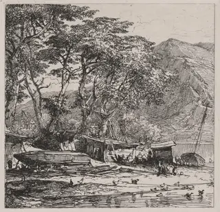 Fishing Village with Boats on the Shore, by Caspar Johann Nepomuk Scheuren, ink, 1842