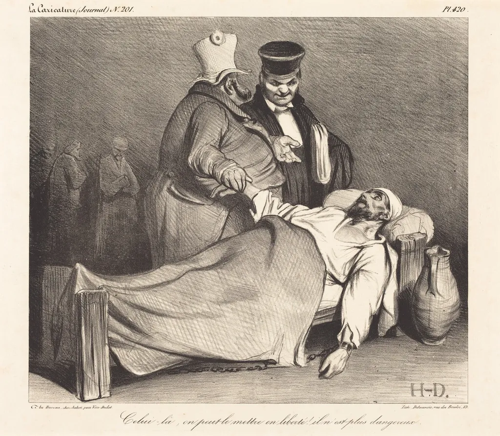 Celui-la, on peut le mettre en liberté! (This one we can set free!  He is no longer dangerous!), by Honoré Daumier, ink, 1834