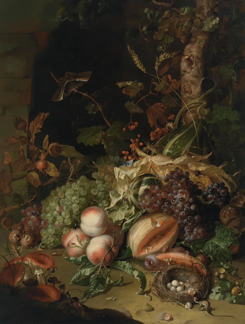 Fruit on a Forest Floor, by Rachel Ruysch, oil, 1709