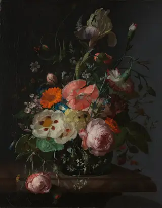 Still Life with Flowers on a Marble Slab, by Rachel Ruysch, oil, 1716