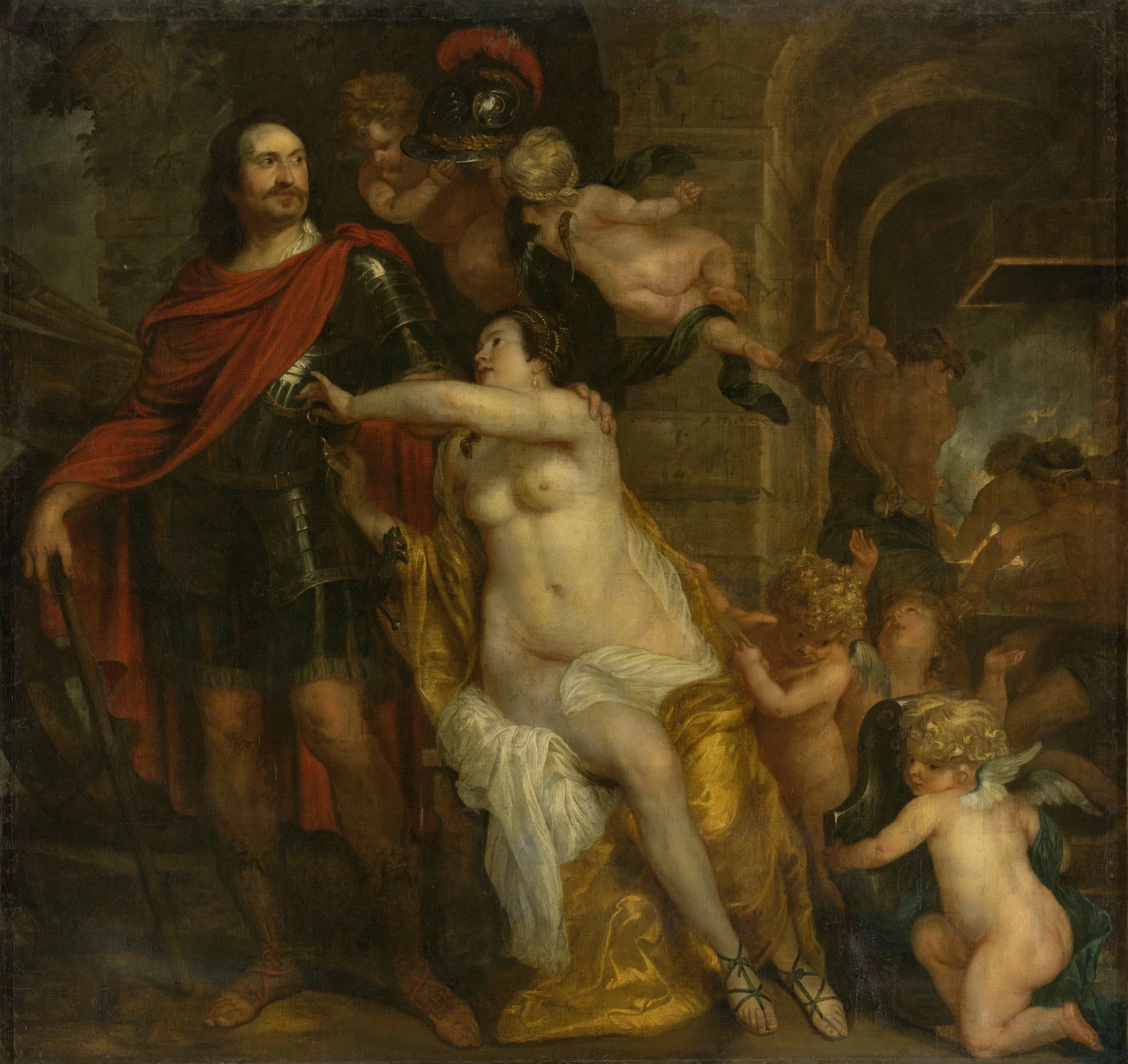 Allegorical depiction of Mars (Friedrich Wilhelm, elector of Brandenburg?) receiving the weapons of Venus (Louisa Henrietta, countess of Nassau?) and Vulcan, detail