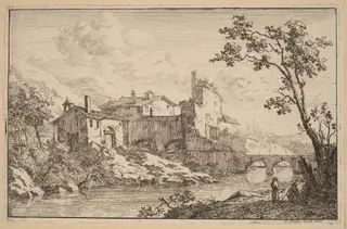 Houses at the Side of a River, by Jan Smees, ink, 1707