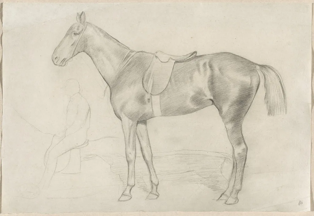 Saddled Horse with a Study of a Rider, by Edgar Degas, graphite, 1864