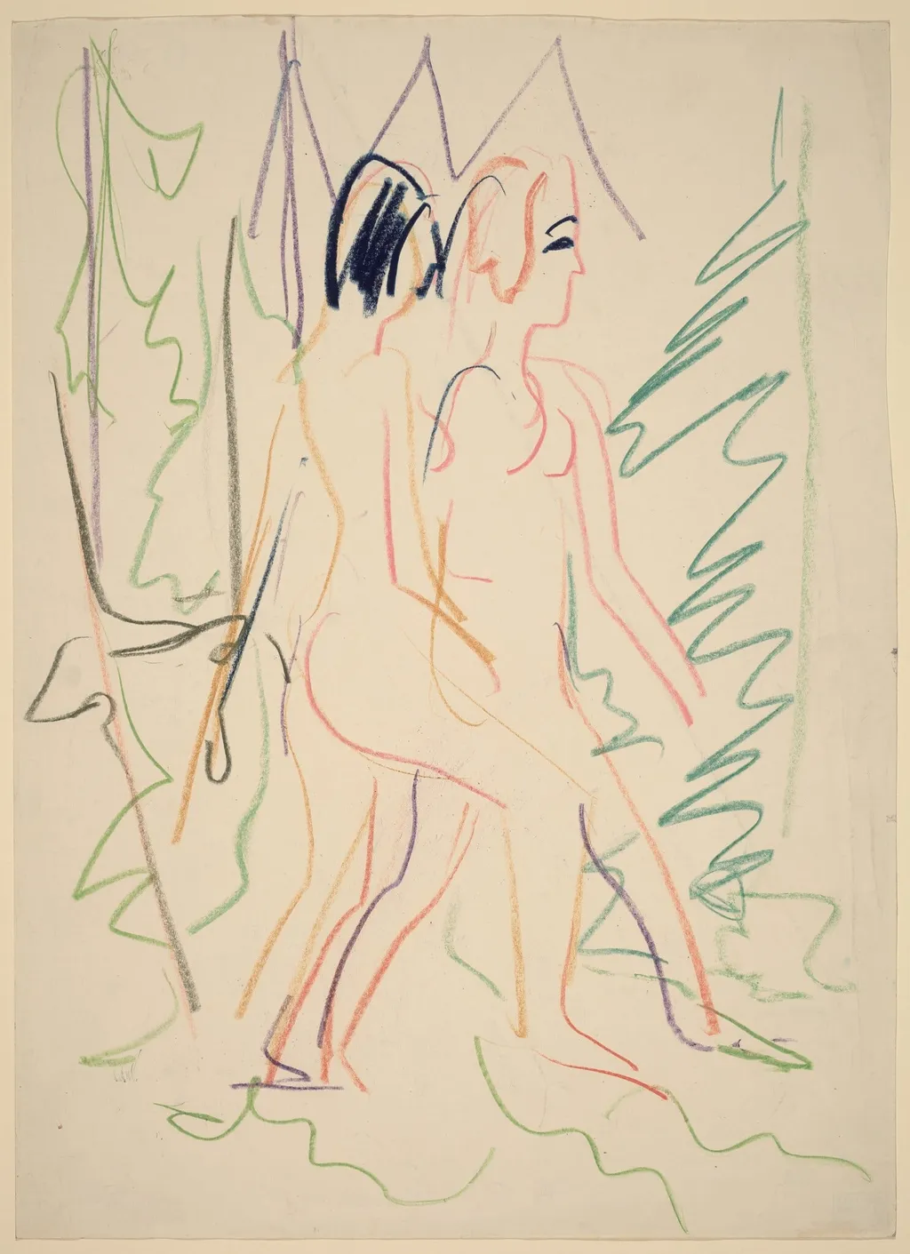 Two Nudes in a Forest, by Ernst Ludwig Kirchner, crayon, 1925