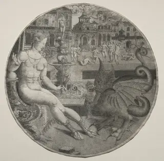 Naked Woman and a Dragon, by Allaert Claesz, 1523