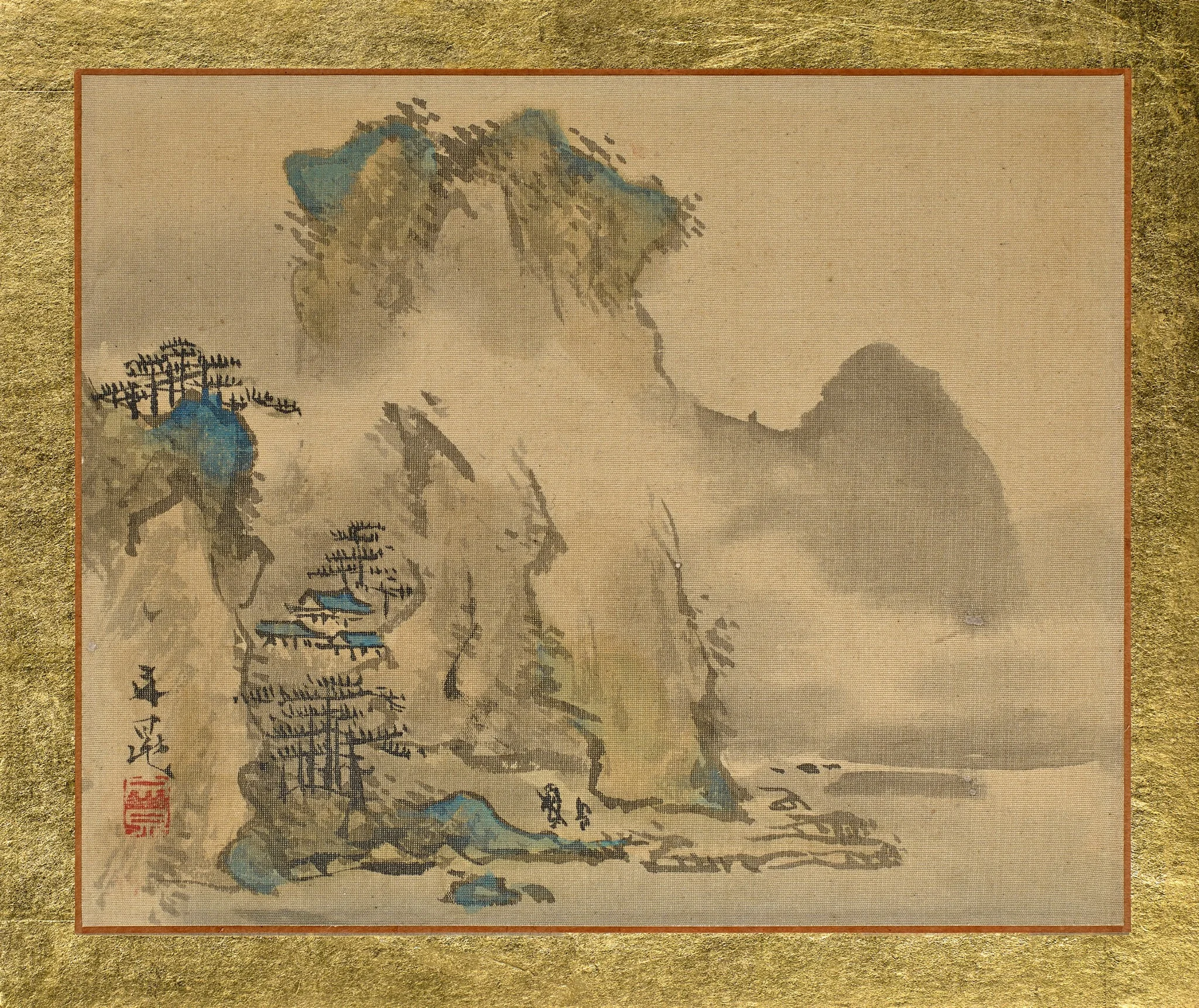 An Old Man and his Attendant heading towards a House on a Hill, detail