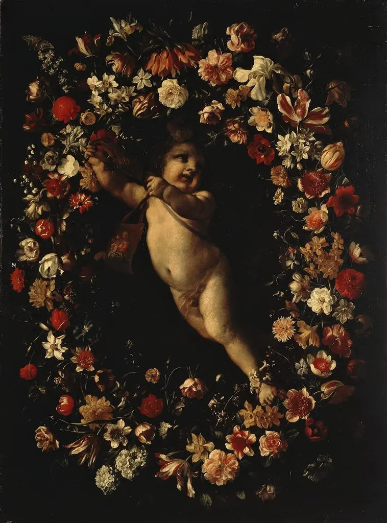 Angel Framed with a Wreath of Flowers, by Jan Philip van Thielen, oil, 1650