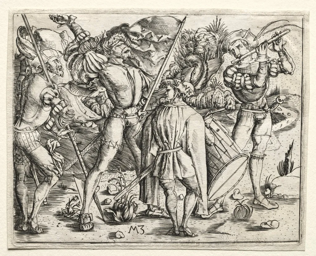 Four Soldiers and Military Band, by Master MZ, 1502