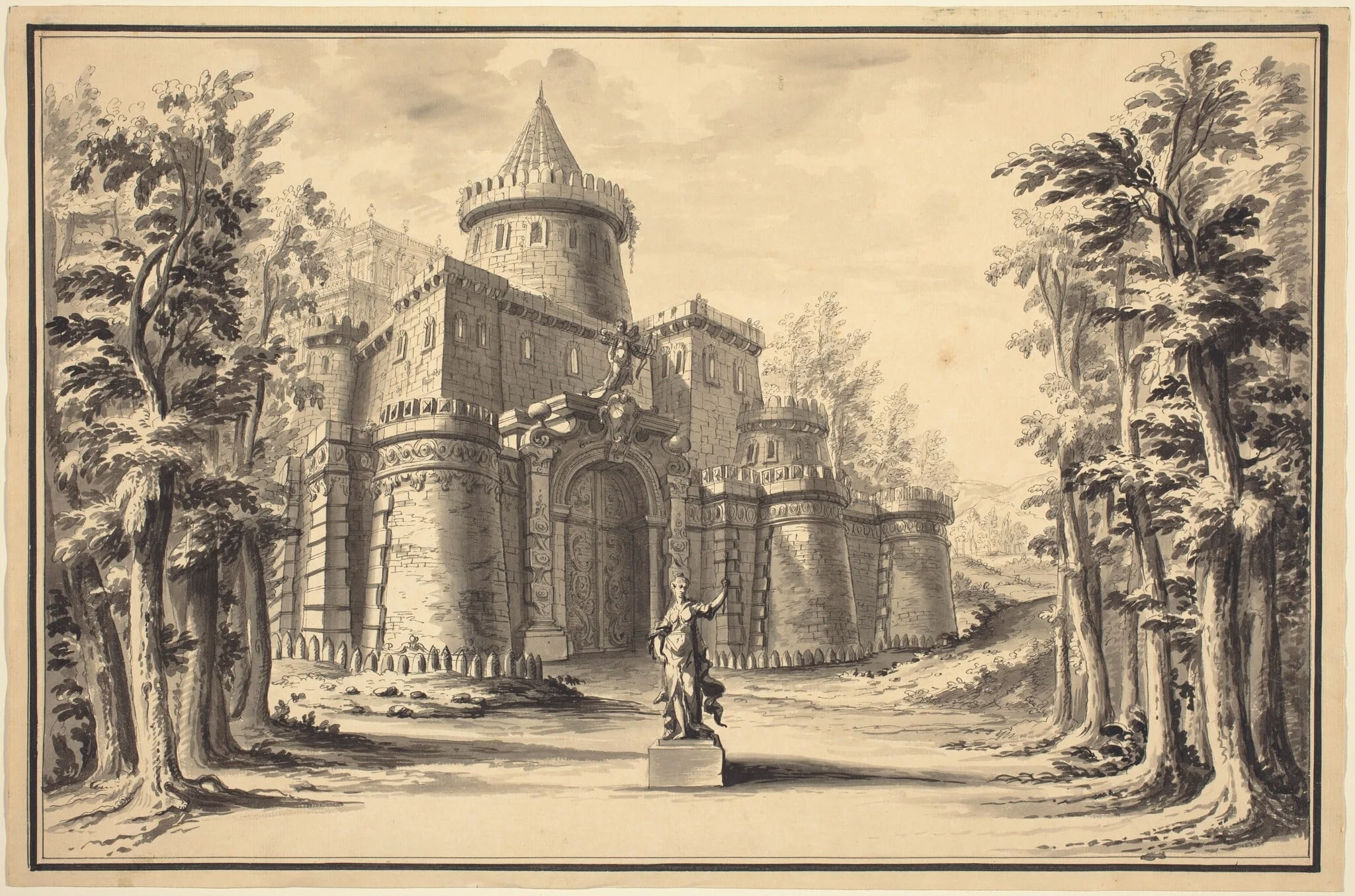 A Stage Set with a Statue and a Palace, detail