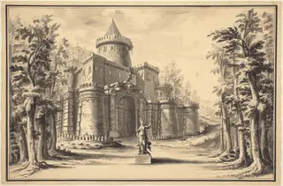 A Stage Set with a Statue and a Palace, by Daniel the Younger Marot, ink, 1734