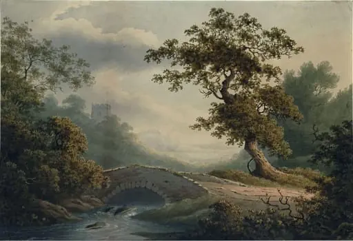 Landscape with Bridge and Woods etc, by Thomas Hulley, watercolor, 1808