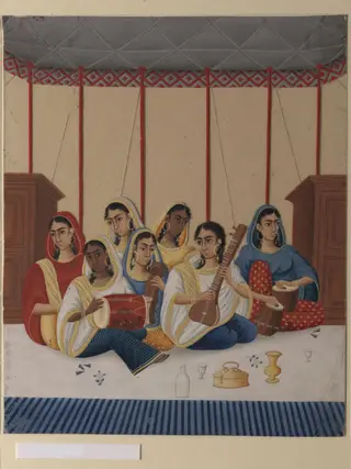 A group of seven female musicians seated under a canopy, by Shiva Lal, paint, 1865