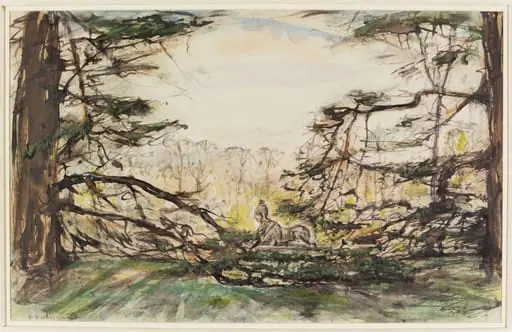 The Cedars, the Sphinx and the spring in the Grounds of Chiswick House, by Archibald Standish Hartrick, watercolor, 1940
