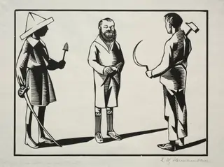 Moi!  je tiens le sabre, et le goupillon; toi la faucille, le marteau et ler pastel.  C'est la barbe., by Hermann Paul, 1924