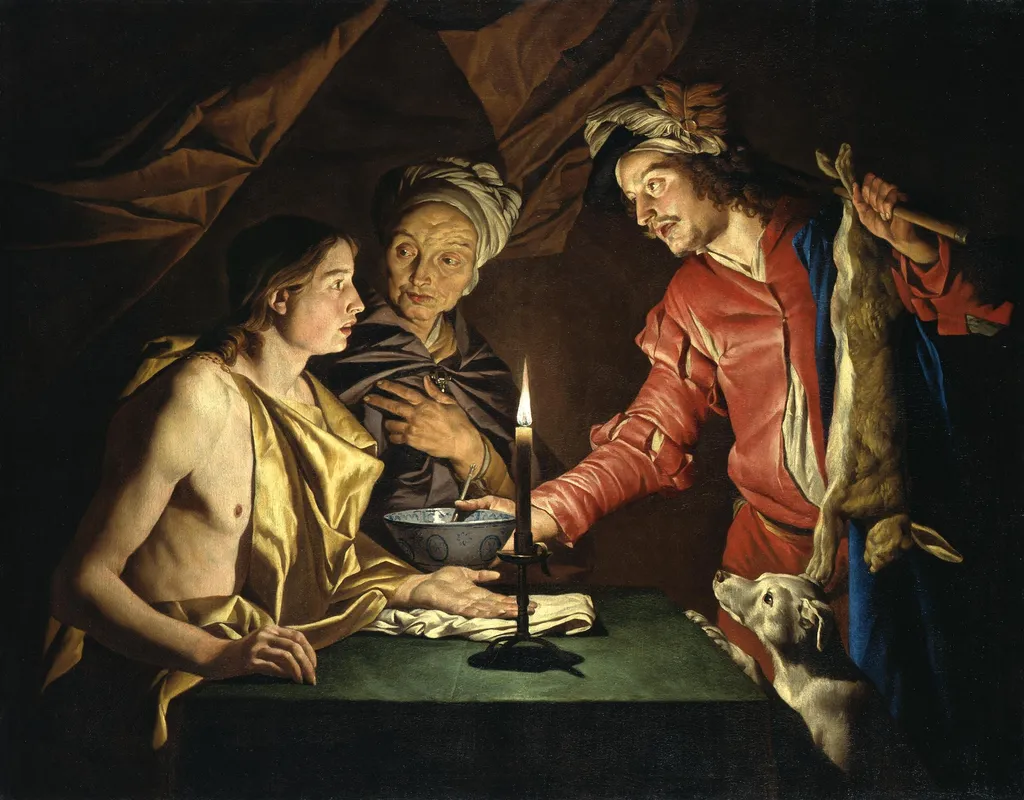 Esau, returning hungry from the hunt, sells his first birthright to Jacob for a pottage of lentils(Genesis 25:31), by Matthias Stom, paint, 1643