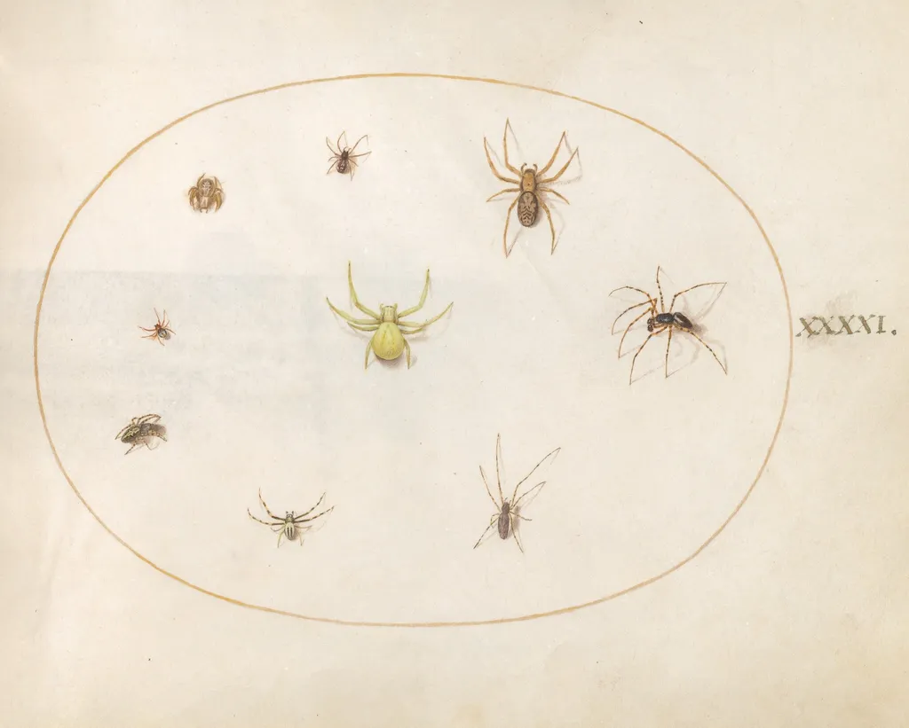 Plate 41: Yellow Spider Surrounded by Eight Spiders, by Joris Hoefnagel, gouache, 1594