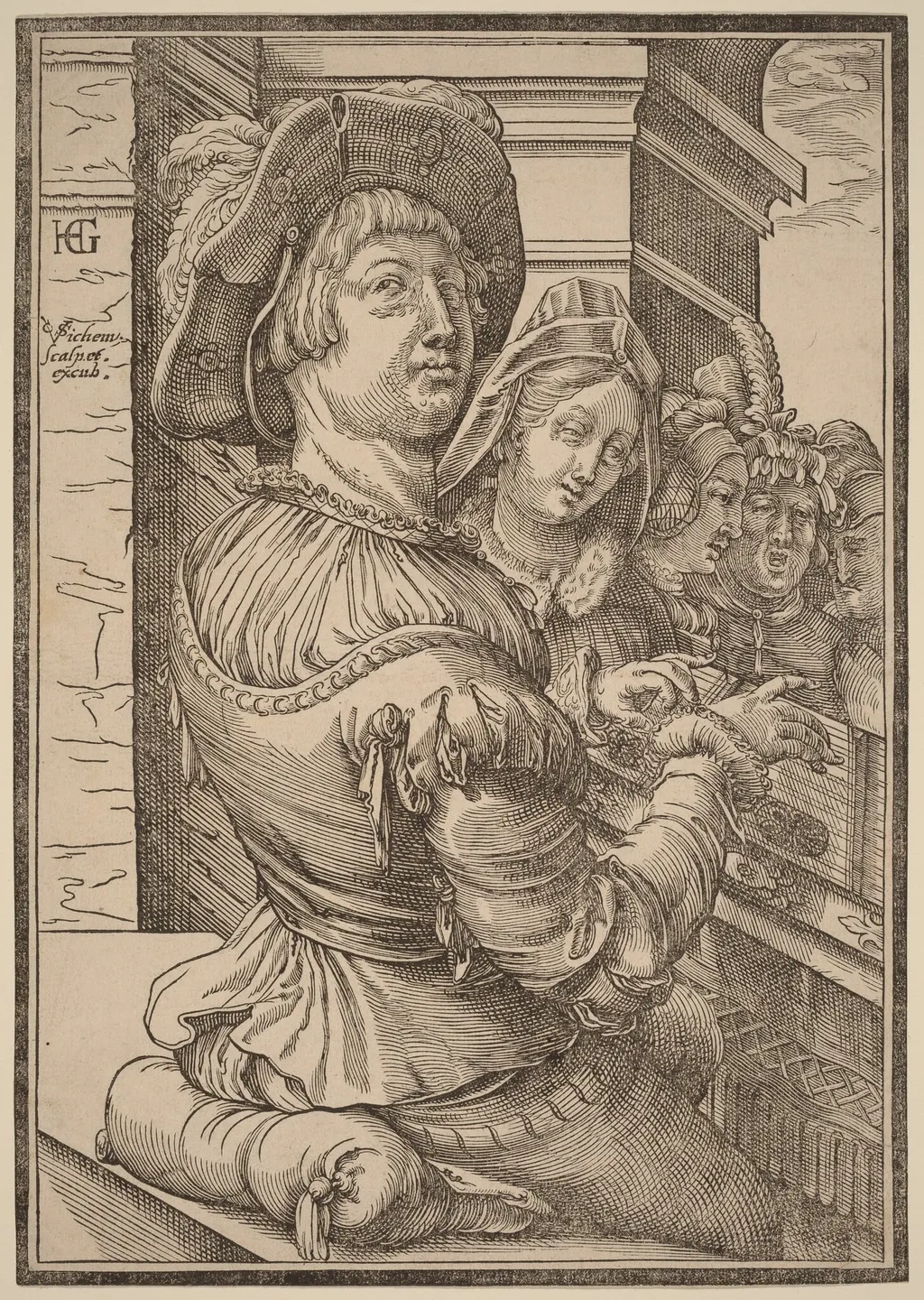 A Young Man Playing a Psalterium, by Christoffel van Sichem I, ink, 1600