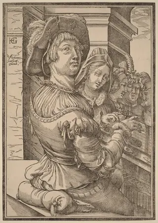 A Young Man Playing a Psalterium, by Christoffel van Sichem I, ink, 1600