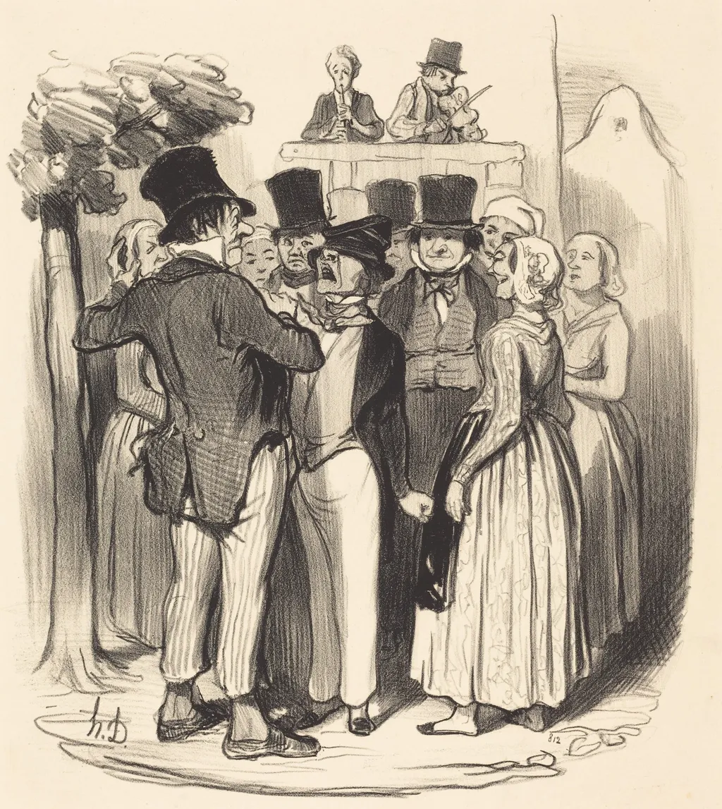 Ah! Gringalet d'Paris... tu viendras faire danser..., by Honoré Daumier, ink, 1845