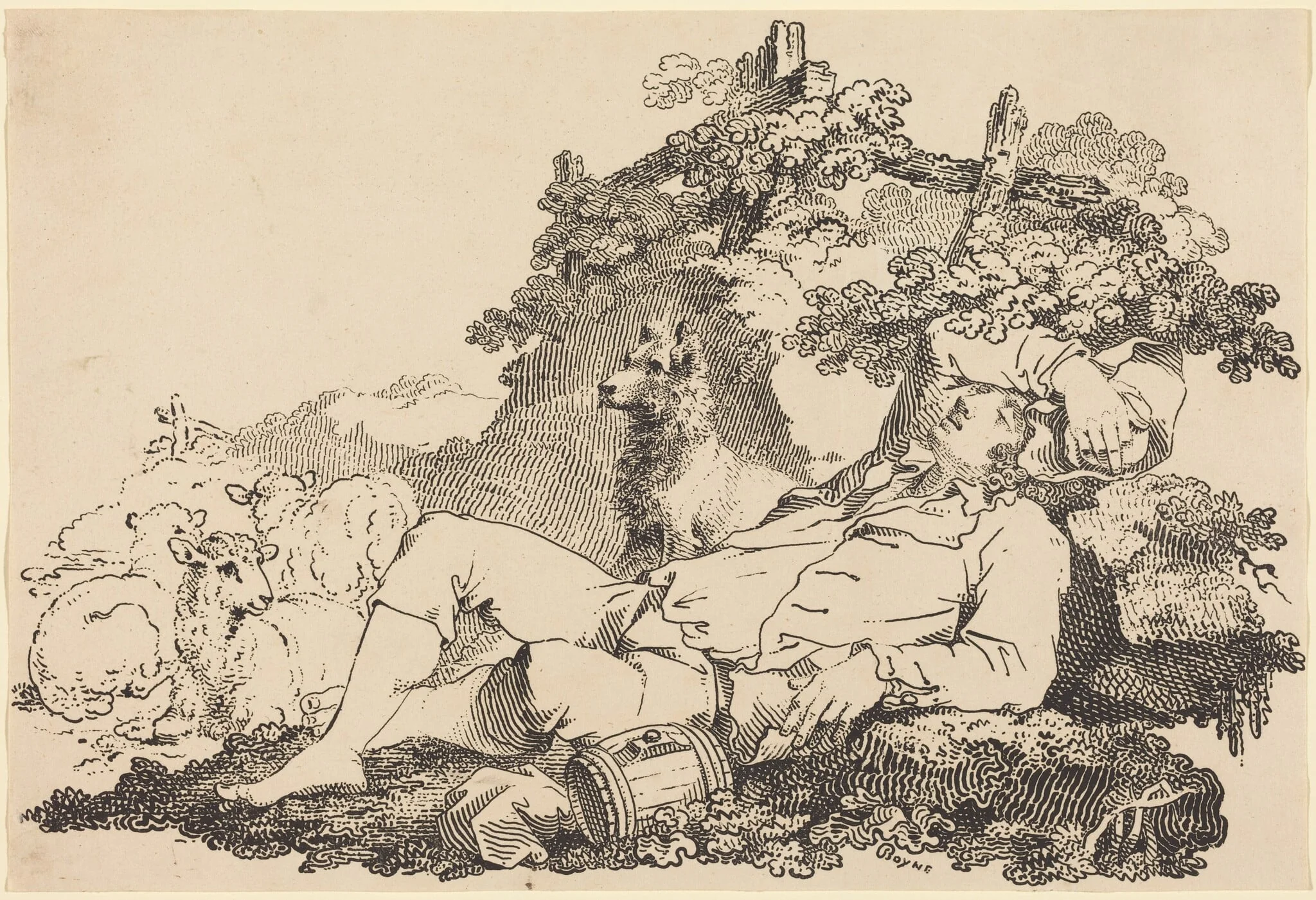 Shepherd with Dog and Sheep, detail