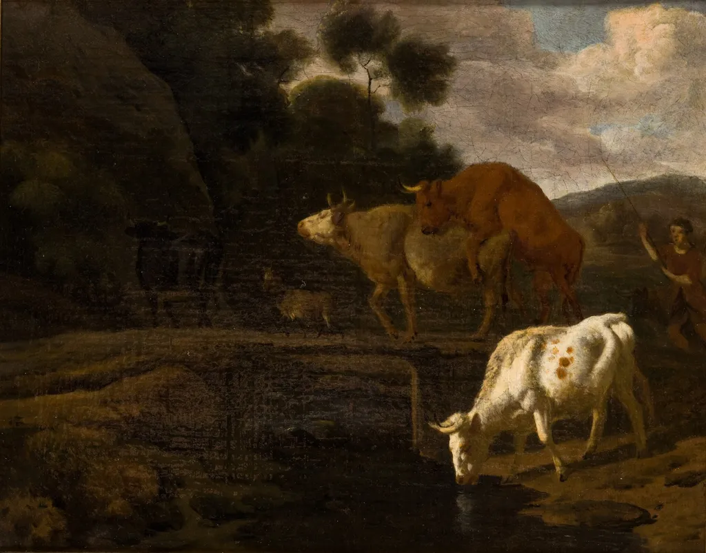 Cows on a Footbridge, by Dirck van der Bergen, oil, 1682