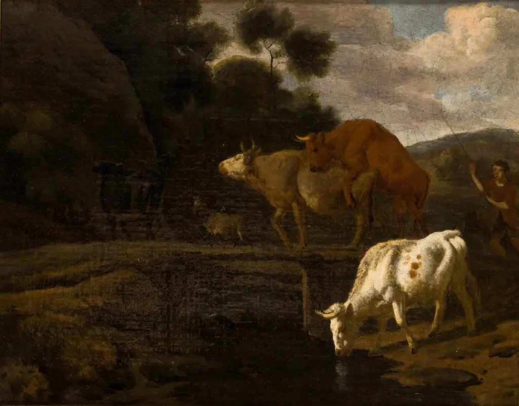 Cows on a Footbridge, by Dirck van der Bergen, oil, 1682