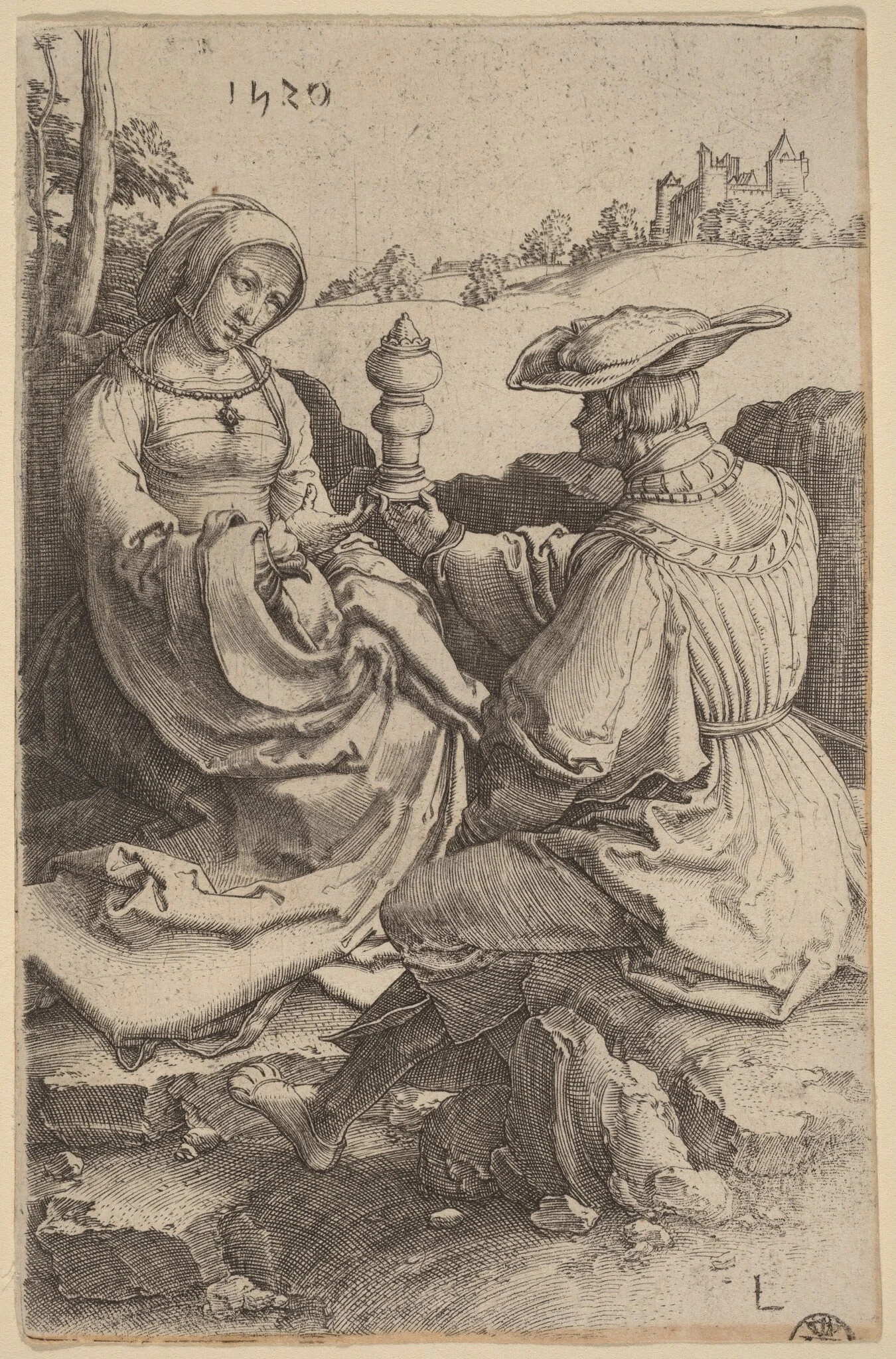 A Nobleman and a Lady Seated in a Landscape, detail