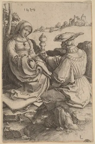 A Nobleman and a Lady Seated in a Landscape, by Lucas van Leyden, ink, 1520