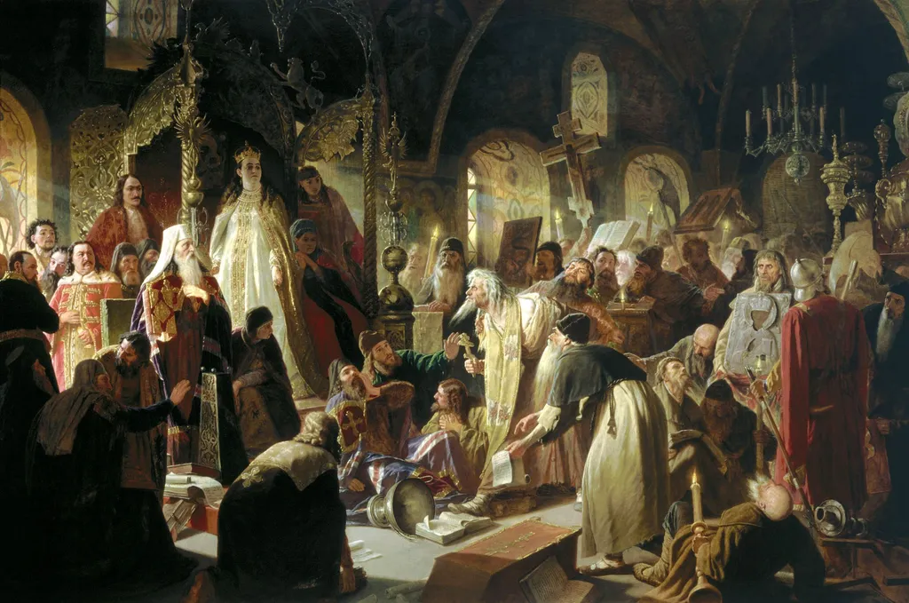 Nikita Pustosvyat. Debate about faith, by Vasily Perov, oil