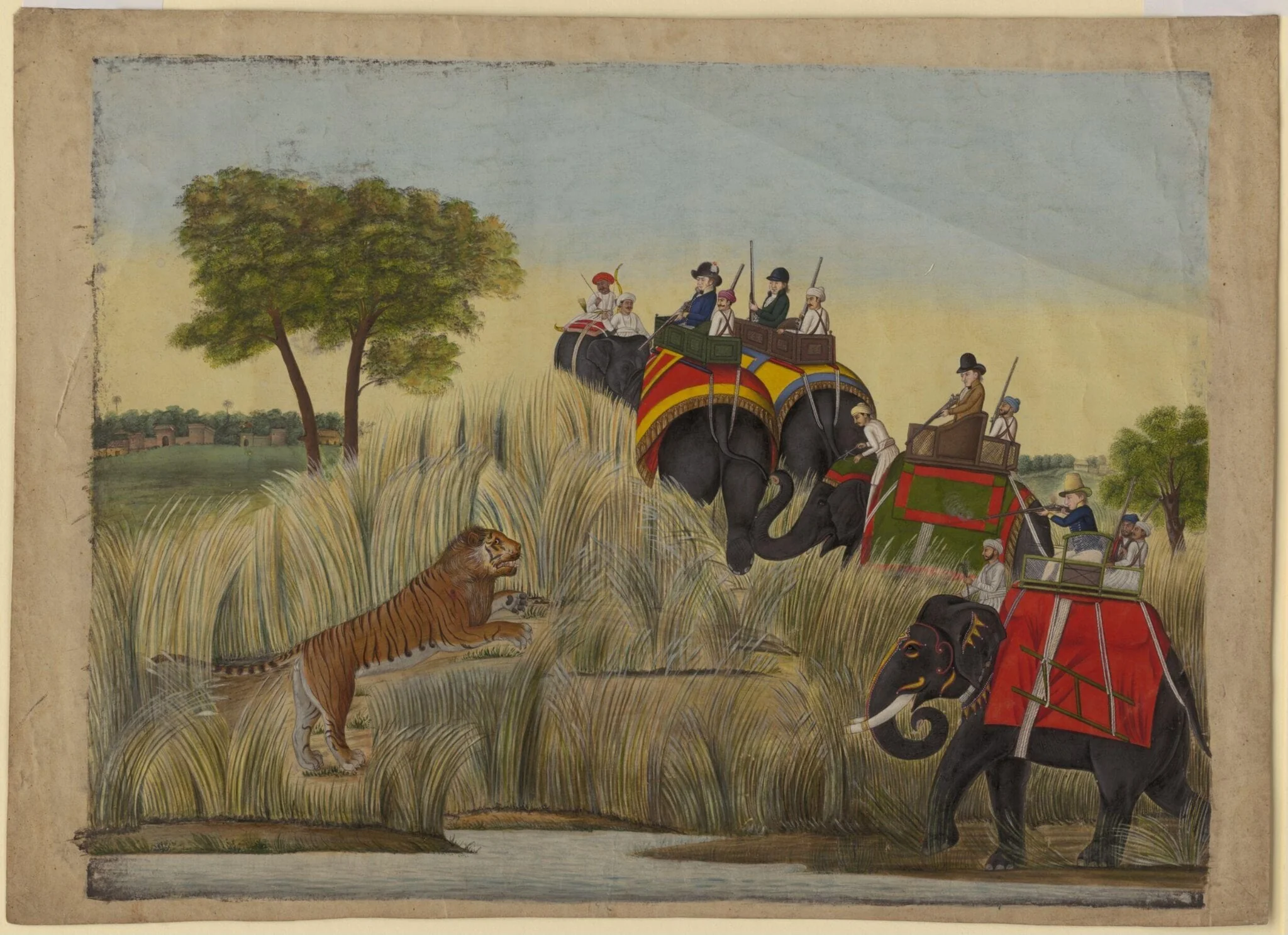 Four elephants with Europeans seated in the howdahs taking part in a tiger hunt., detail