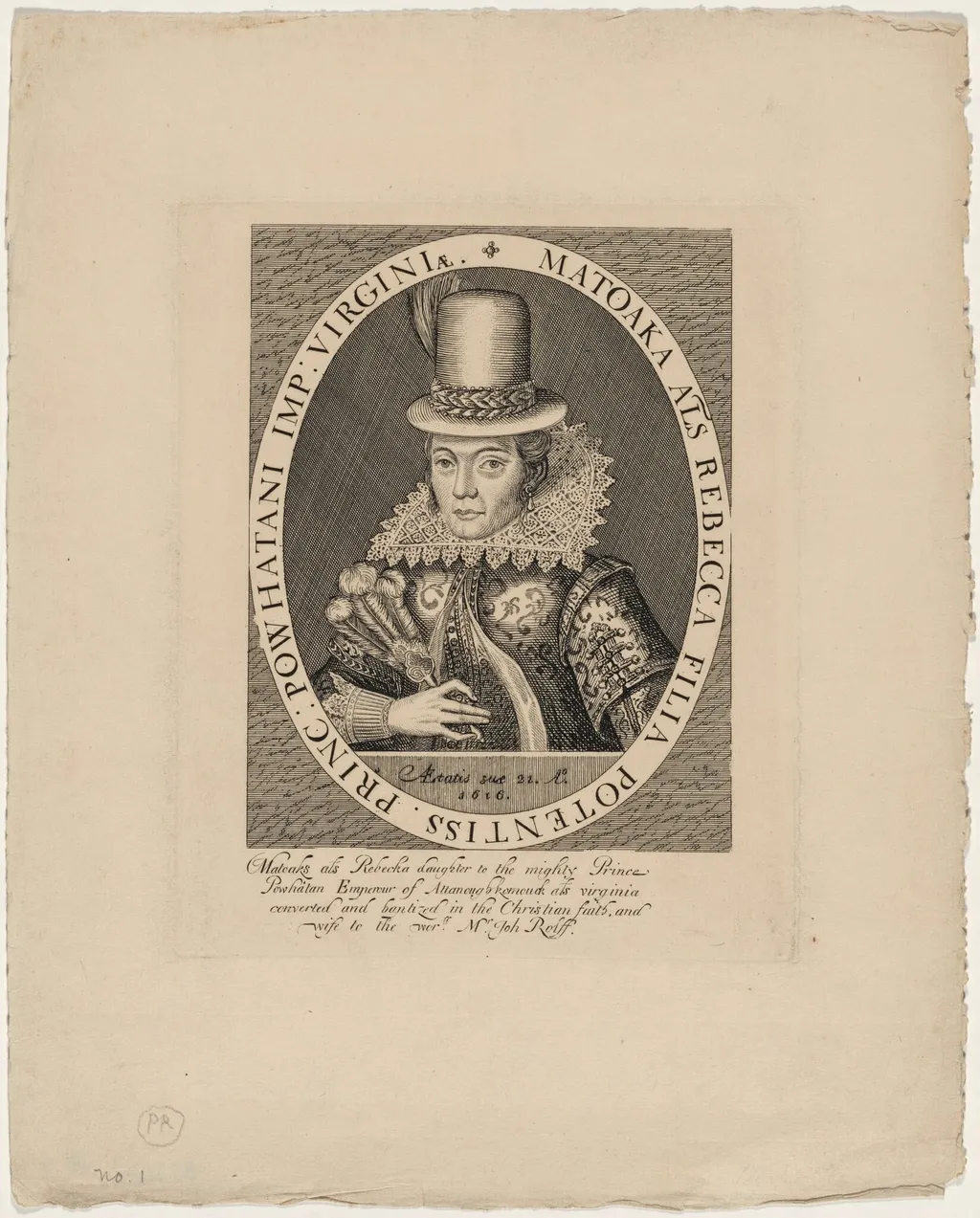 Poca Hontas, Daughter of the Emperor of Virgina, by Simon van de Passe, ink, 1616