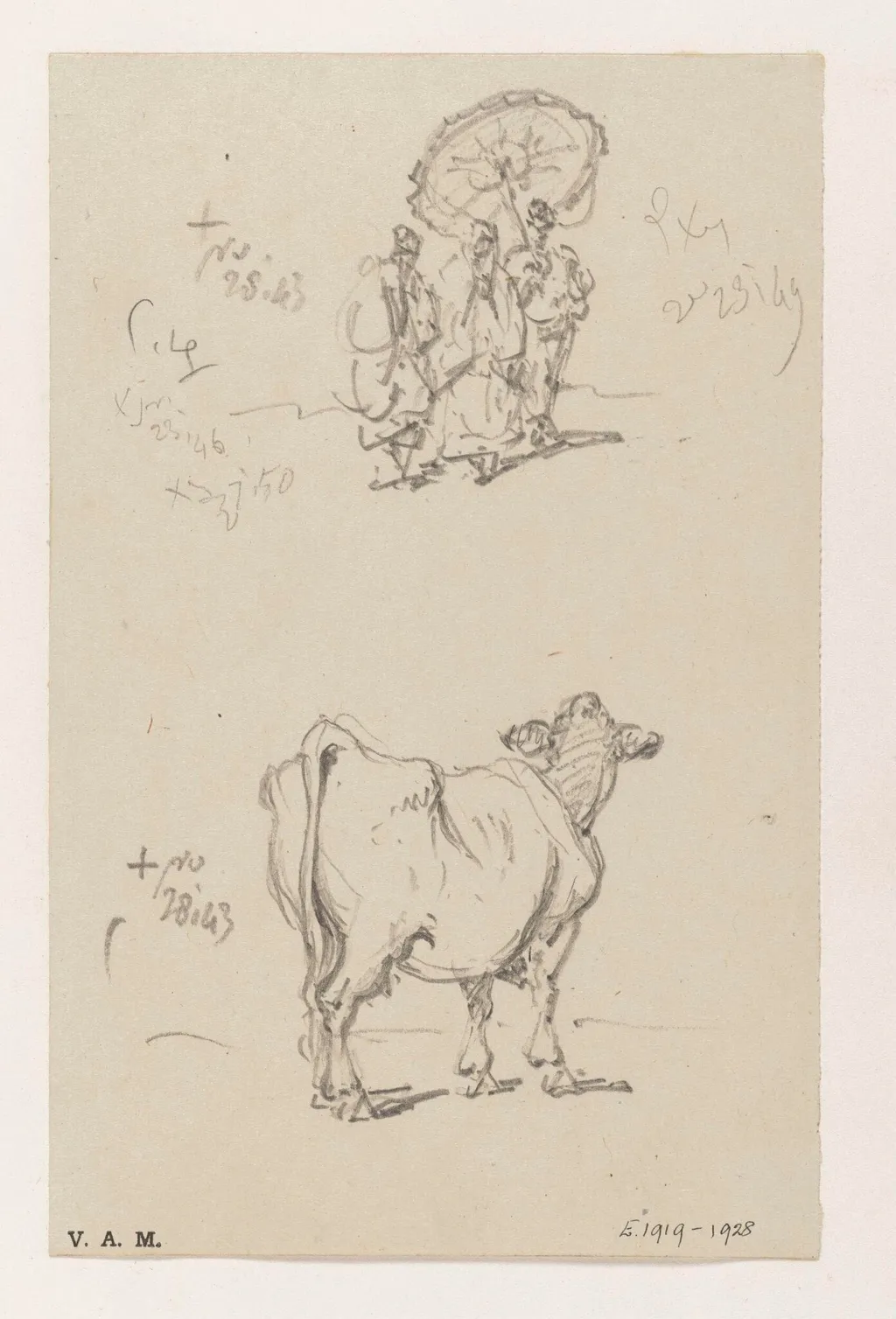Three figures with a parasol, and a cow, by George Chinnery, 14