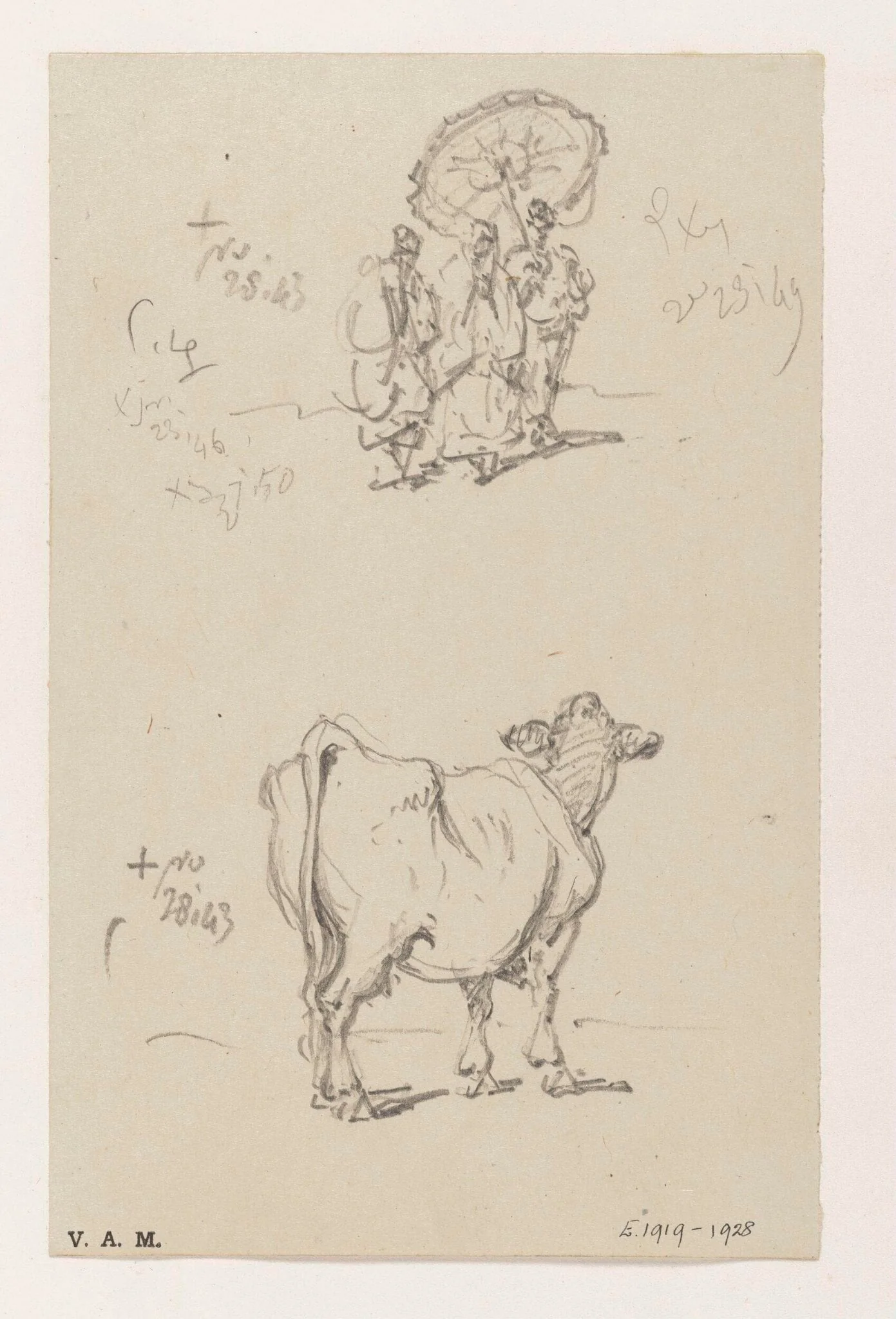 Three figures with a parasol, and a cow, detail