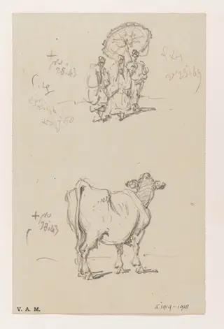 Three figures with a parasol, and a cow, by George Chinnery, 14