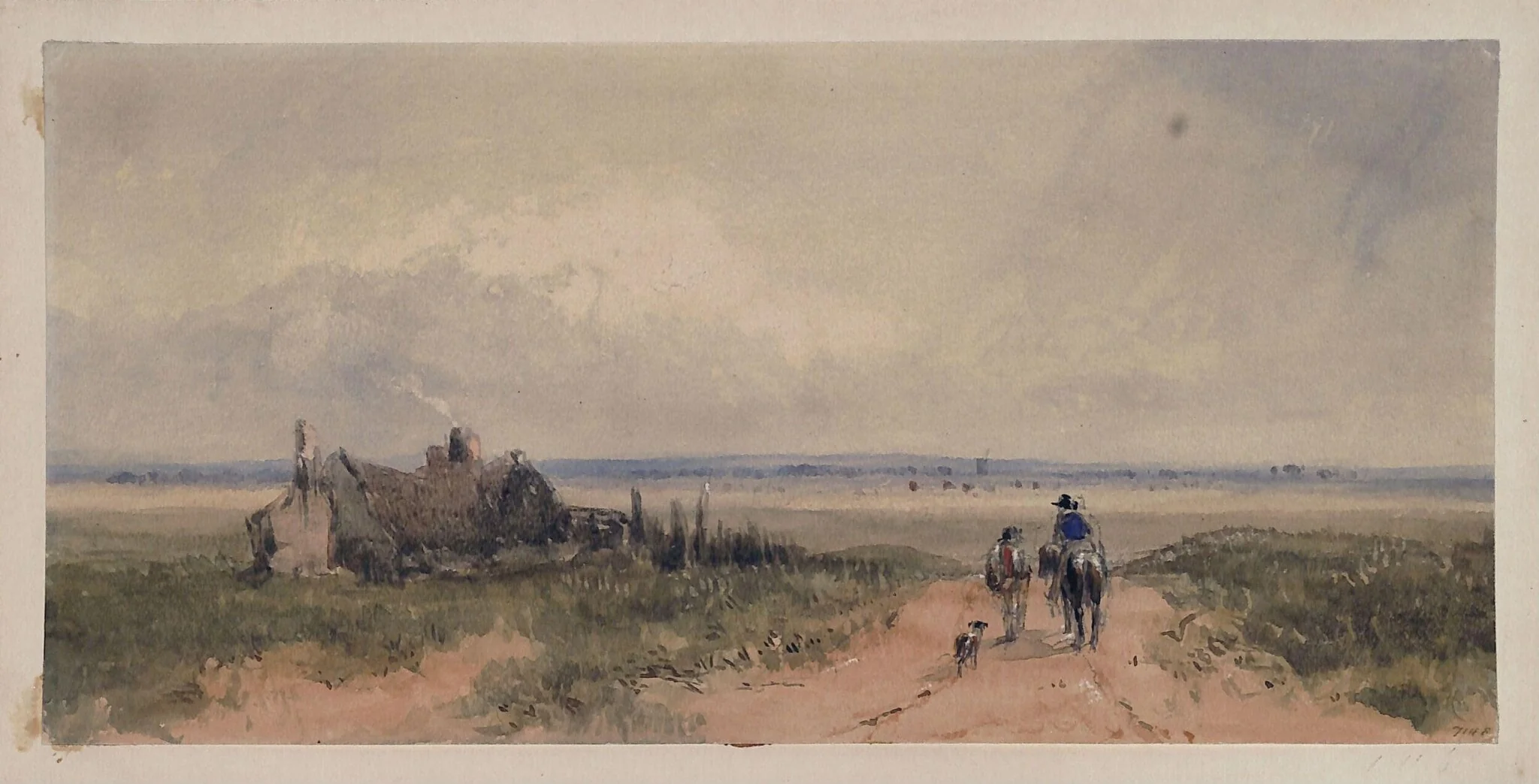 Landscape with cottage, and figures on a sandy road, detail