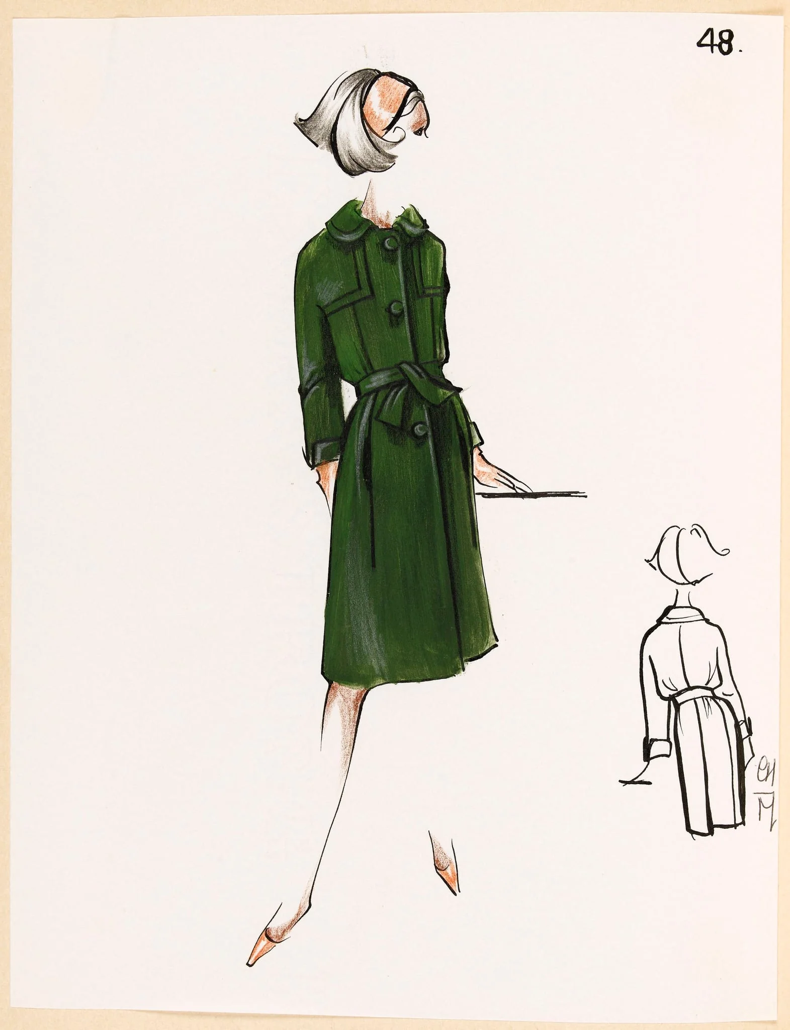 Manteau vert bouteille noué à la taille, detail