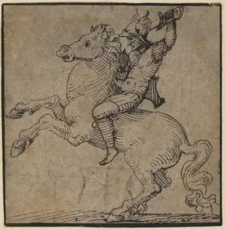 Warrior in Renaissance Armor on a Rearing Horse, by Peter Vischer the Younger, ink, 1535