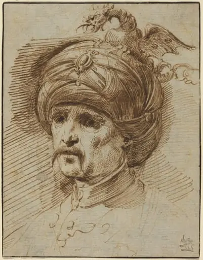 Oriental in a Fantastic Headdress, by Christian Wilhelm Ernst Dietrich, ink, 1732