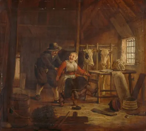 Flirtation in a Cowshed, by Govert Dircksz. Camphuysen, unspecified, 1658