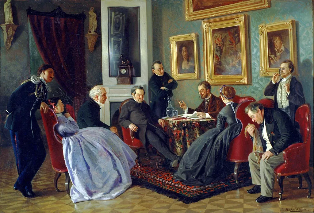 A reading group, by Vladimir Makovsky, oil, 1866