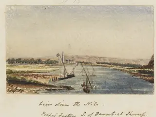 `View down the Nile.  Pasha's Factory S.of Daroot-el Shereef. Upper Egypt', by George de Sausmarez, watercolor, 1855