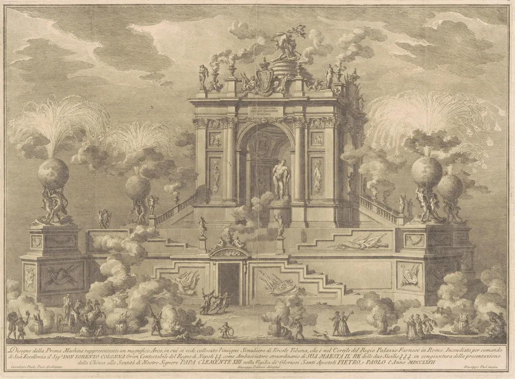 The Prima Macchina for the Chinea of 1767: A Triumphal Arch with the Farnese Hercules, by Giuseppe Vasi, ink, 1767