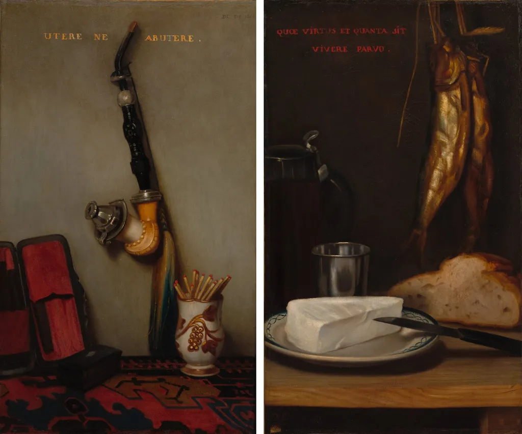 Still Life with Pipe and Matches and Still Life with Herring, Bread, and Cheese (pair), by Alexandre Gabriel Decamps, unspecified, 1858