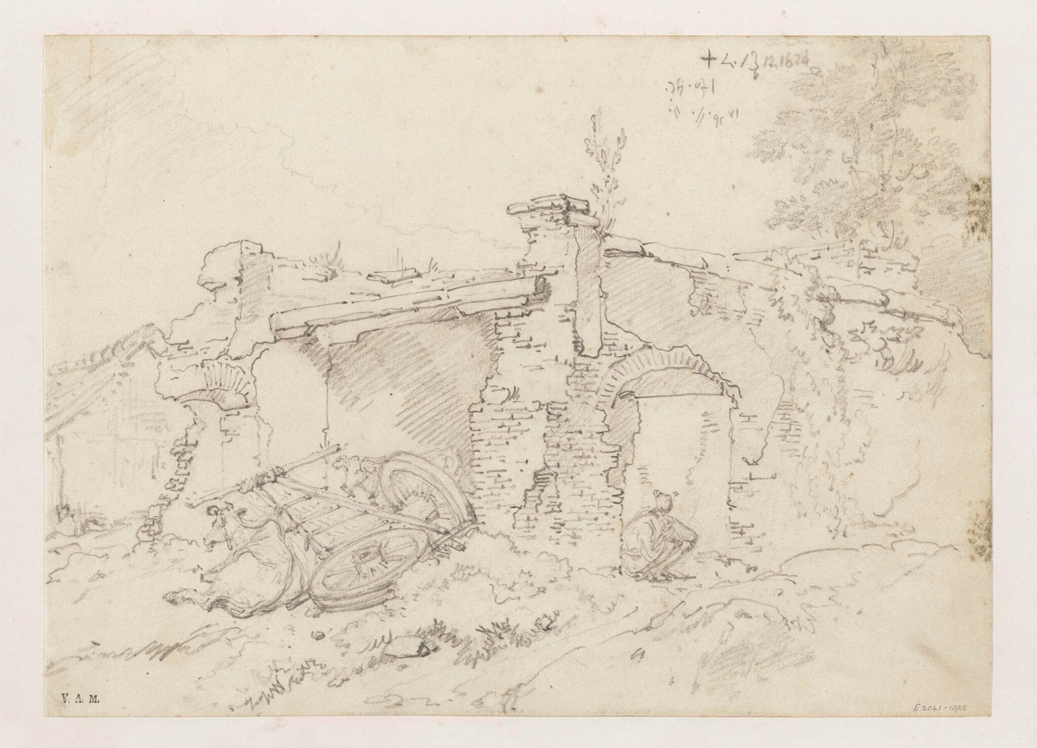 A ruined building in Bengal, with a figure and an ox and cart, detail