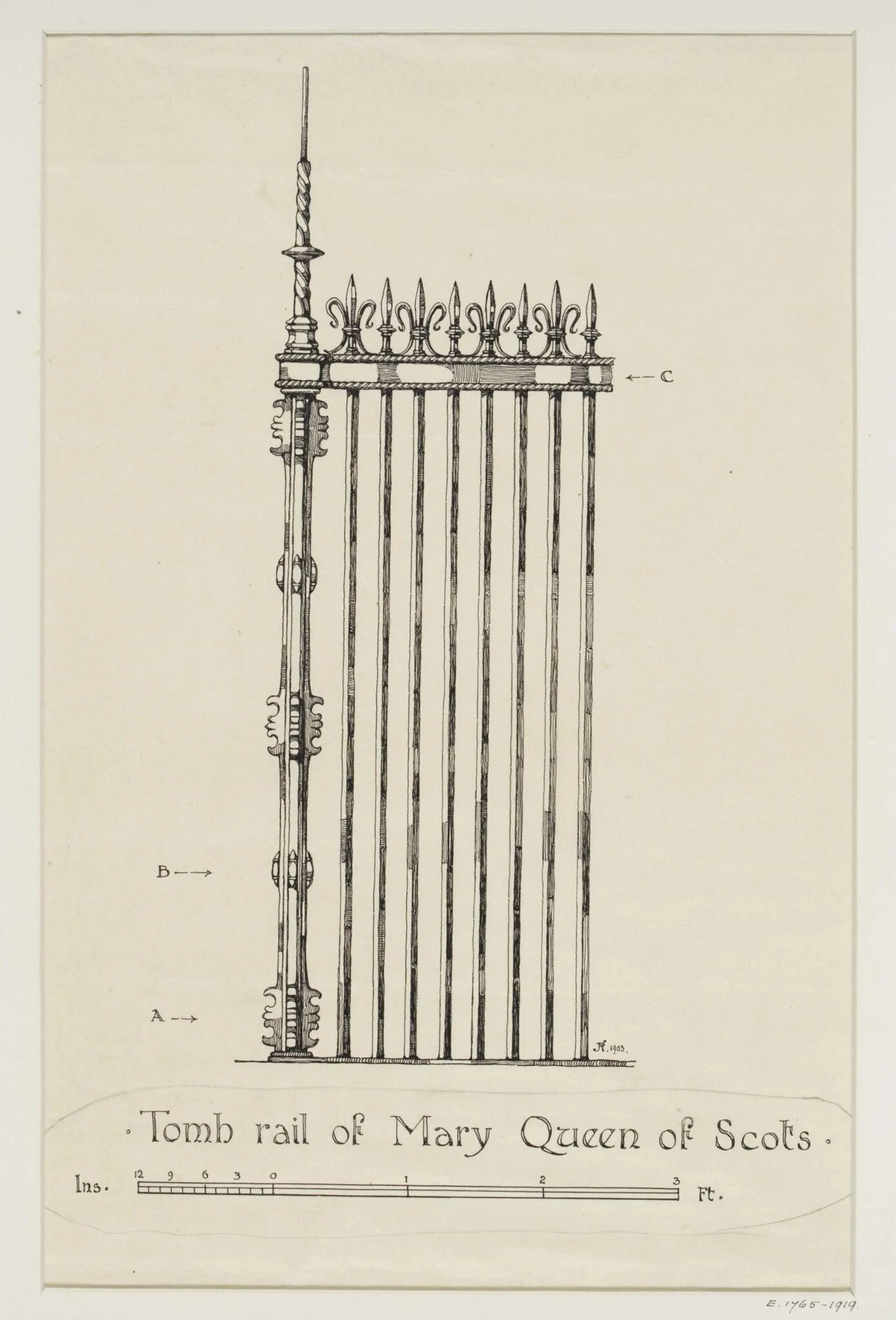 Drawing of the rail of Mary Queen of Scots' tomb, detail