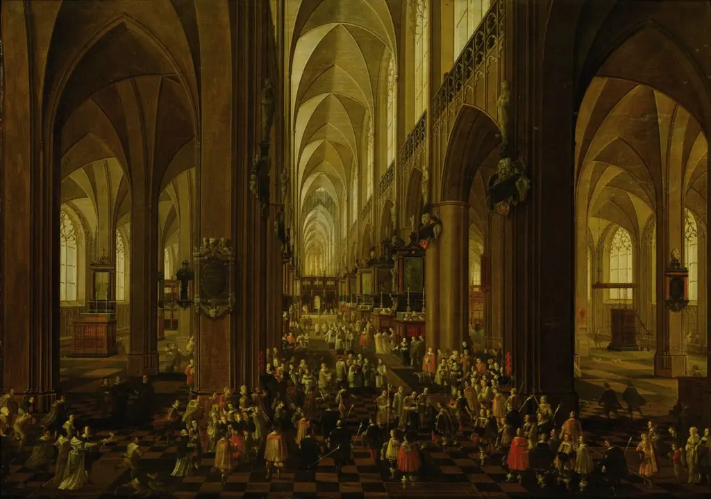 Interior of the Cathedral of Our Lady of Antwerp (Archduke Leopold Wilhelm received by the clergy), by Bonaventura Peeters, oil, 1650
